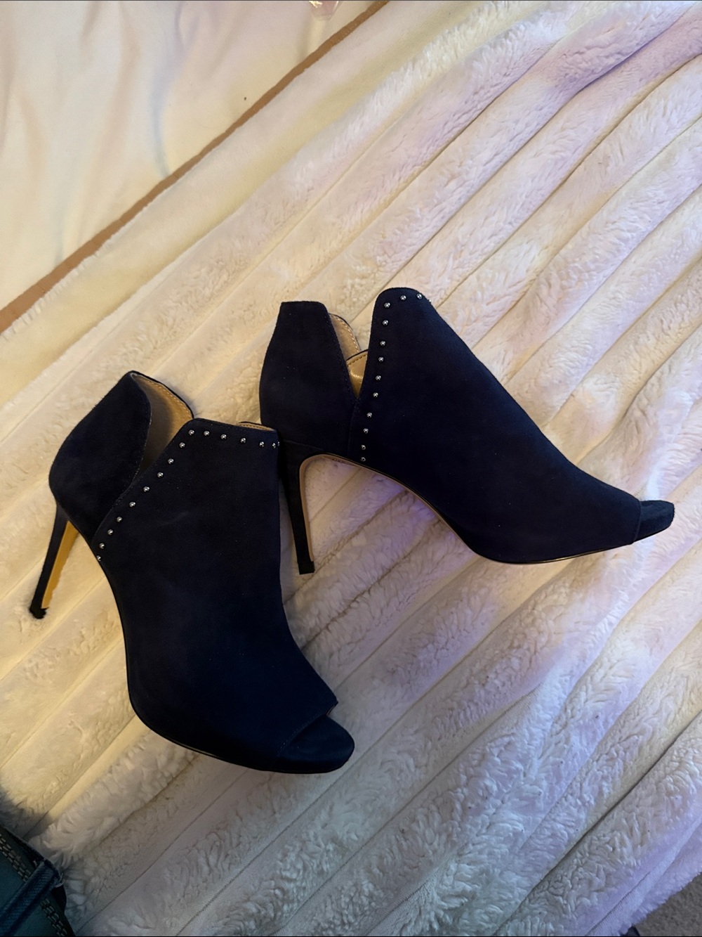 White House Black Market Black Suede Peep-Toe Stiletto Booties